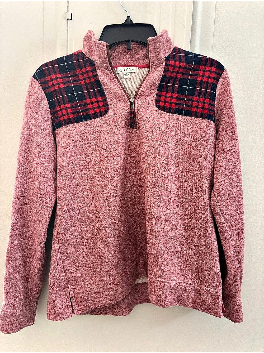 Orvis Sweatshirt Quarter Zip Flannel Plaid Patches Heathered Red small cotton
